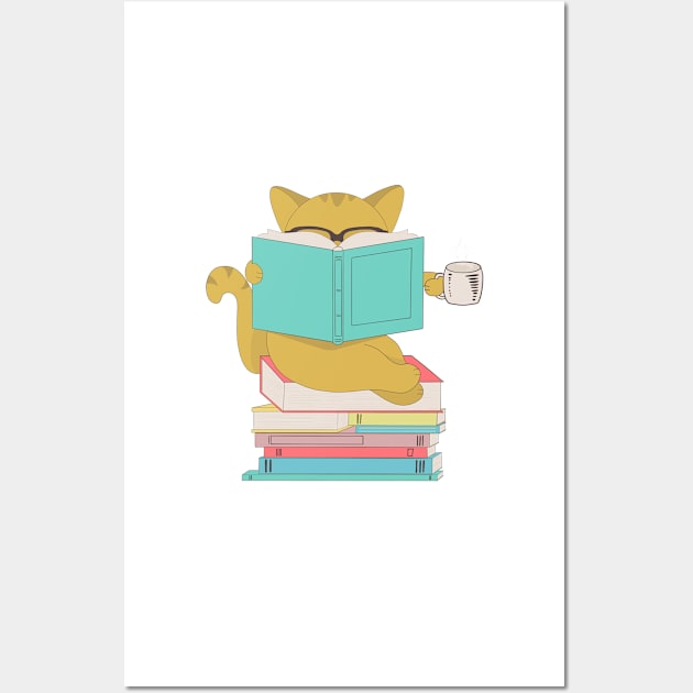 Cat with glasses drinking coffee or tea and reading book Wall Art by gogo-jr